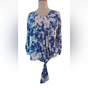 Bleu Bayou Painting Splatter Print 3/4, Sleeve Tie Waist Top